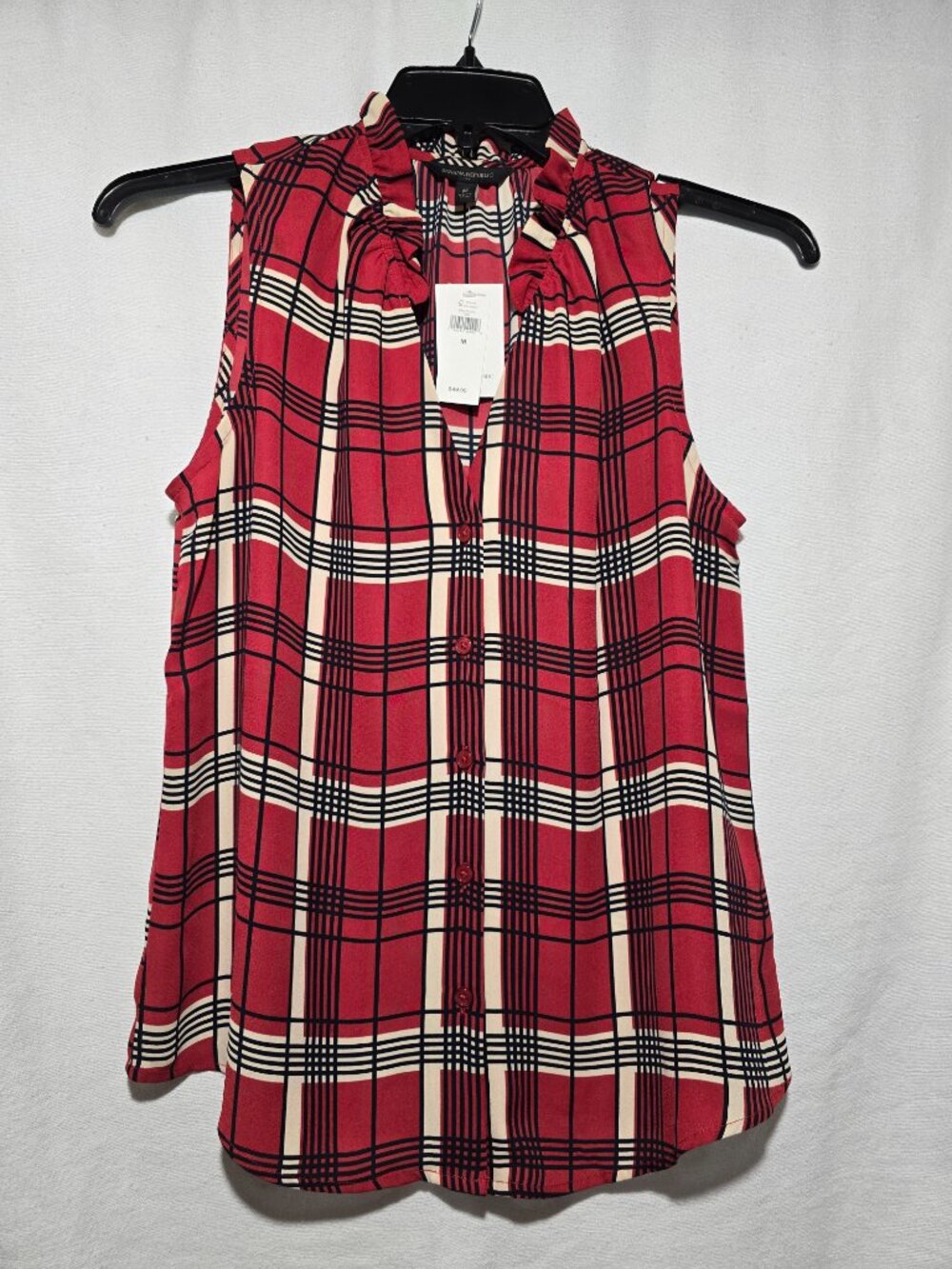 Banana Republic Factory Red Black Plaid Ruffle Neck Sleeveless Blouse Top M NWT